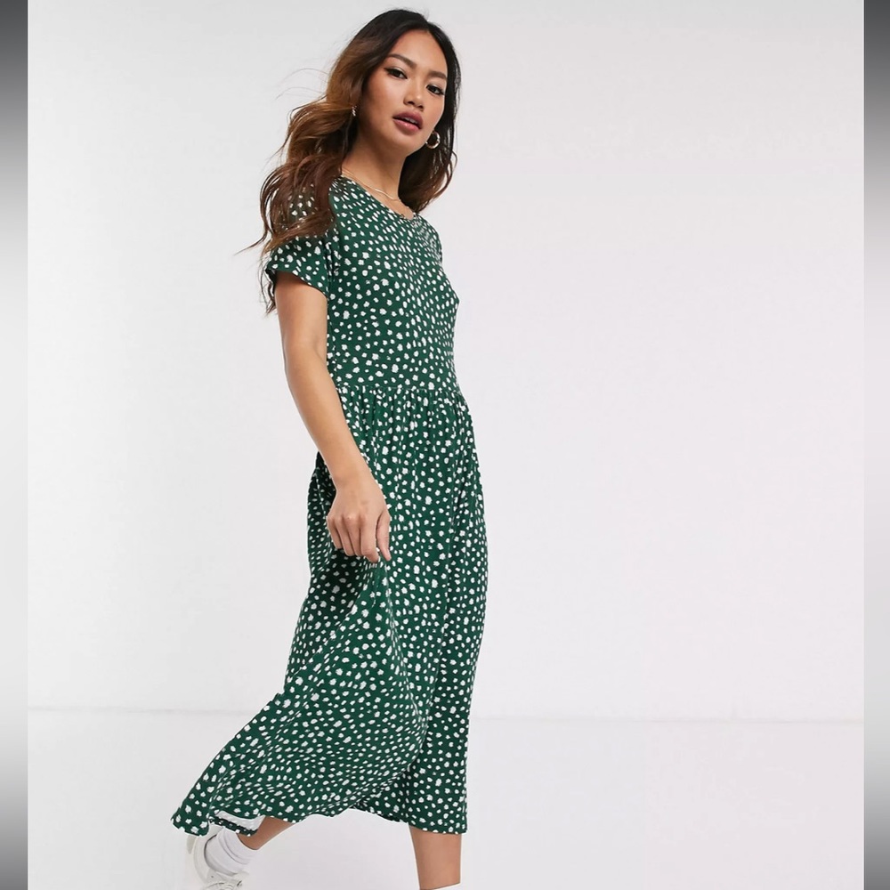ASOS Wednesday's Girl midi smock dress in green smudge spot print